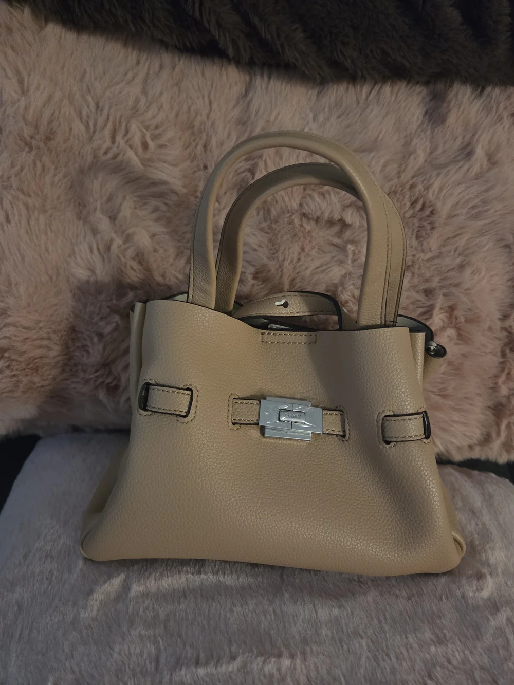 DKNY Pebbled Satchel in Beige-Tan with Silver Hardware